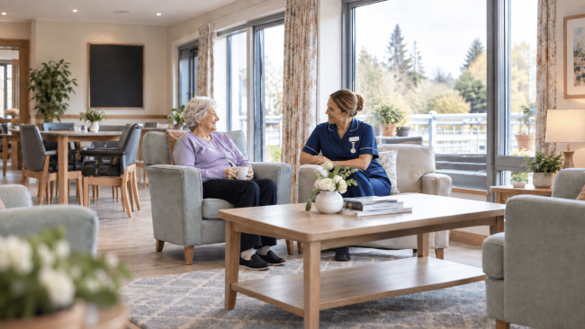 Future of Aged Care Nurse sitting with resident in a rest home environment