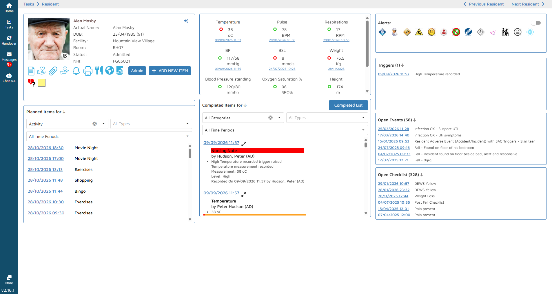 Resident Information Management Software Resident screen showing details of resident and alerts.